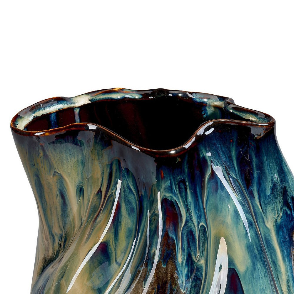 Fera Decorative Flower Vase, Ruffled Edge, 12 Inch Shiny Blue Ceramic -BM334537