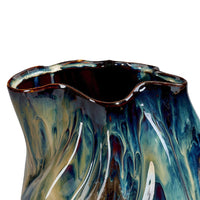 Fera Decorative Flower Vase, Ruffled Edge, 12 Inch Shiny Blue Ceramic -BM334537