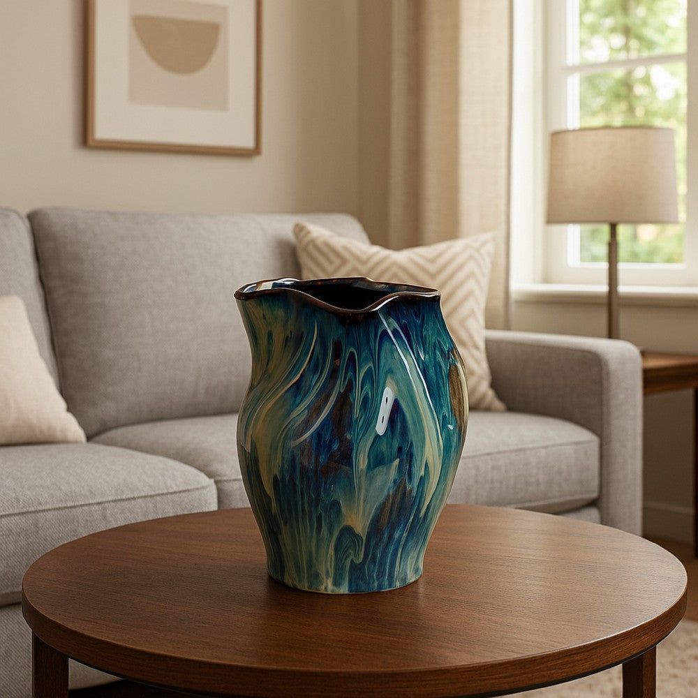 Fera Decorative Flower Vase, Ruffled Edge, 12 Inch Shiny Blue Ceramic -BM334537
