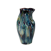 Fera Decorative Flower Vase, Ruffled Edge, 15 Inch Shiny Blue Ceramic -BM334538