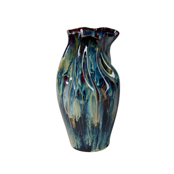 Fera Decorative Flower Vase, Ruffled Edge, 15 Inch Shiny Blue Ceramic -BM334538