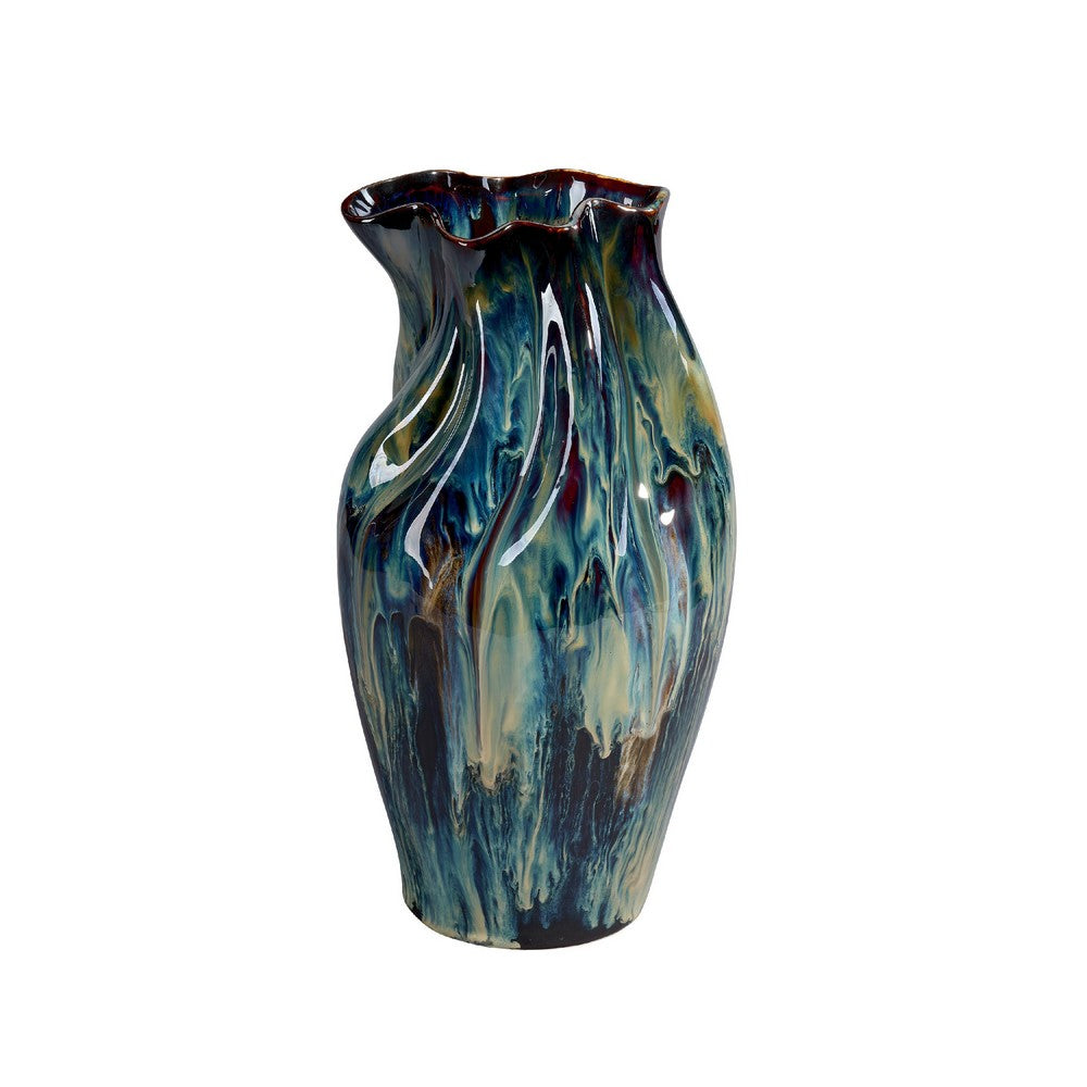 Fera Decorative Flower Vase, Ruffled Edge, 15 Inch Shiny Blue Ceramic -BM334538