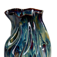 Fera Decorative Flower Vase, Ruffled Edge, 15 Inch Shiny Blue Ceramic -BM334538