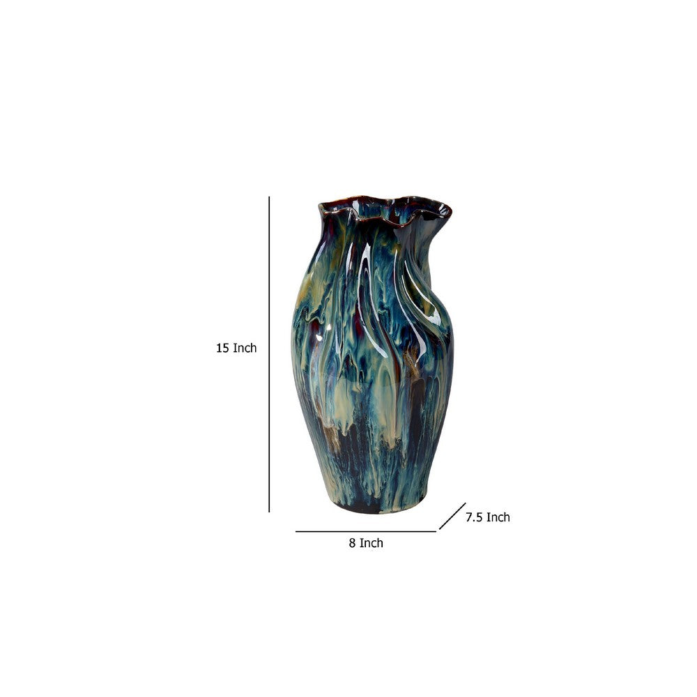 Fera Decorative Flower Vase, Ruffled Edge, 15 Inch Shiny Blue Ceramic -BM334538