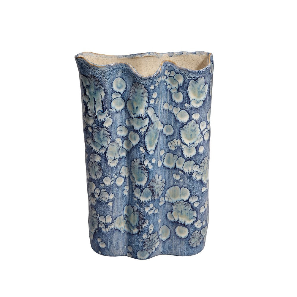 Gipo Decorative Flower Vase, Ruffled Body, 16 Inch Blue White Ceramic -BM334539