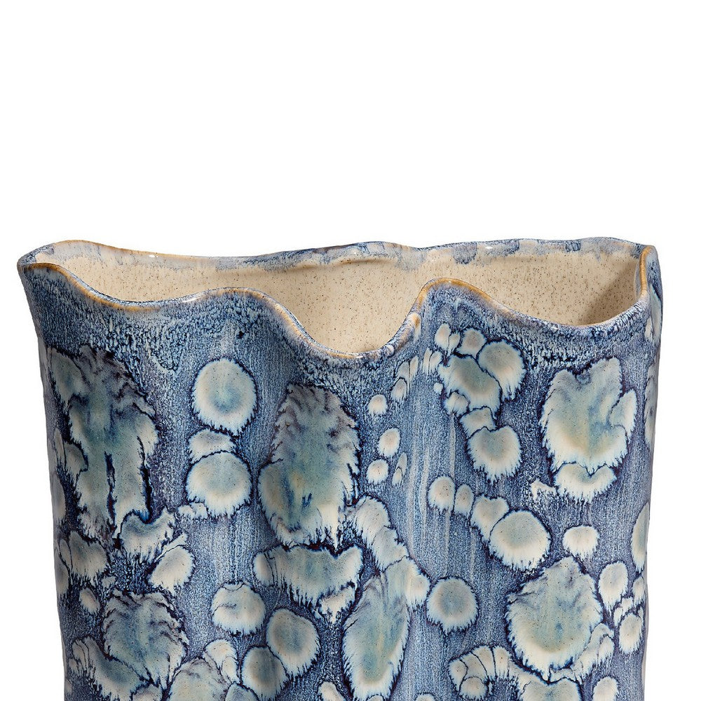 Gipo Decorative Flower Vase, Ruffled Body, 16 Inch Blue White Ceramic -BM334539