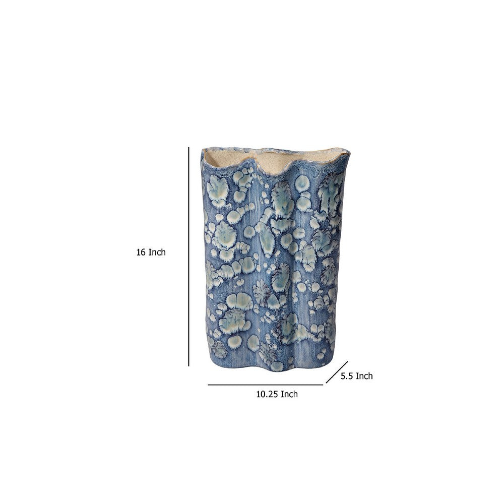 Gipo Decorative Flower Vase, Ruffled Body, 16 Inch Blue White Ceramic -BM334539