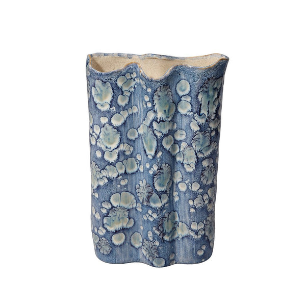 Gipo Decorative Flower Vase, Ruffled Body, 16 Inch Blue White Ceramic -BM334539