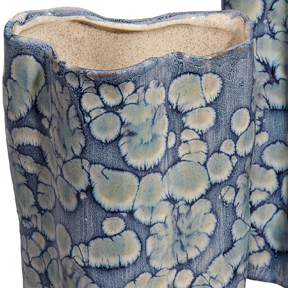 Gipo Decorative Flower Vase Set of 2, Ruffled Body, Blue White Ceramic -BM334540