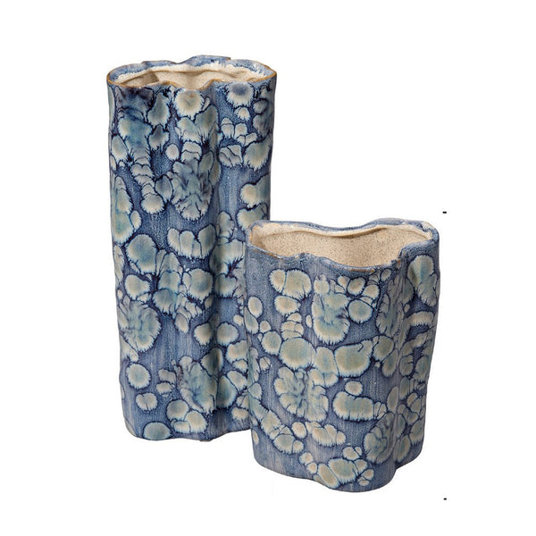 Gipo Decorative Flower Vase Set of 2, Ruffled Body, Blue White Ceramic -BM334540
