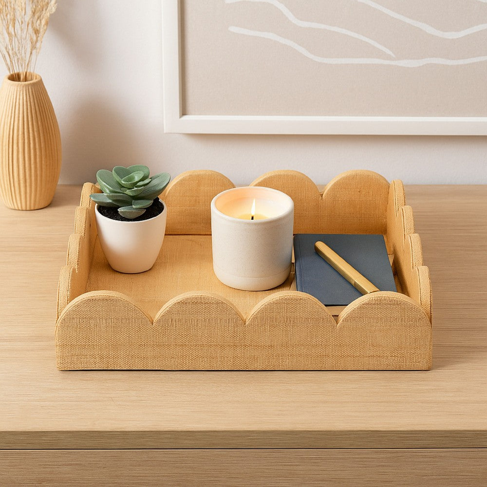 Rori Decorative Accessory Tray, Scalloped Edge 15 Inch Brown Raffia -BM334546