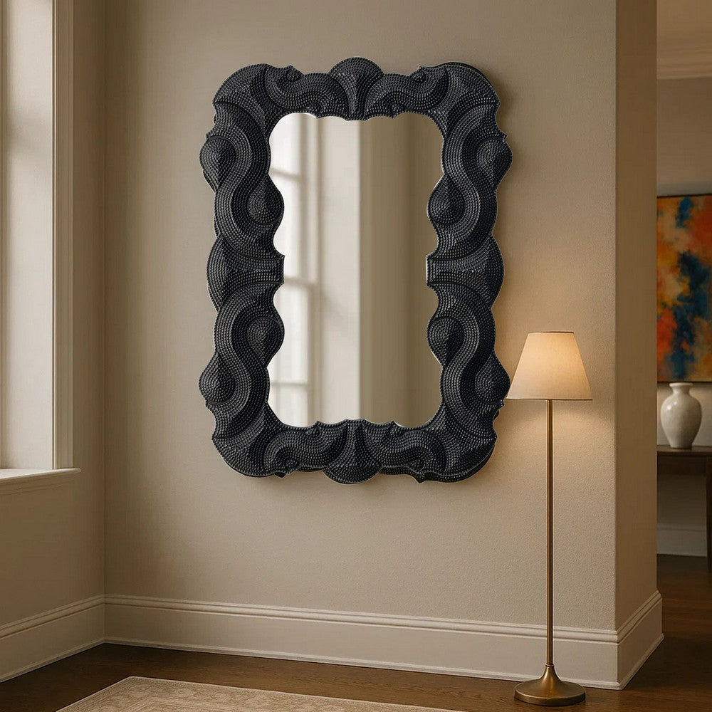 Diri Decorative Wall Mirror, Beaded Pattern Classic Black Resin 29x36 -BM334550