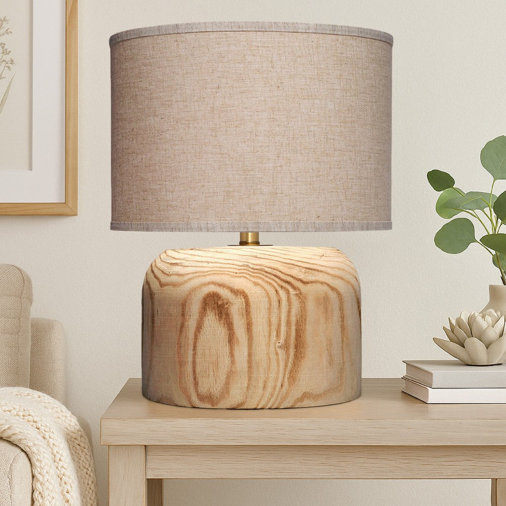Timy Accent Table Lamp, 18 Inch, Linen Drum Shade, Brown Wood Base -BM334552