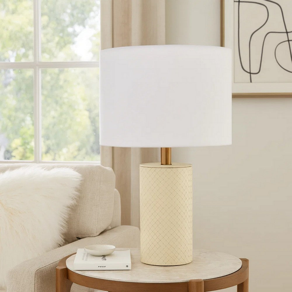 Myn Table Lamp, 18 Inch, White Linen Drum Shade, Cream Leather Base -BM334555