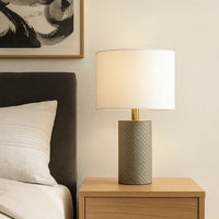 Myn Table Lamp, 18 Inch, White Linen Drum Shade, Gray Leather Base  -BM334556