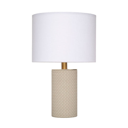 Myn Table Lamp, 18 Inch, White Linen Drum Shade, Gray Leather Base  -BM334556