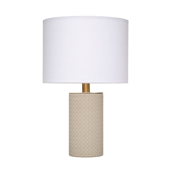 Myn Table Lamp, 18 Inch, White Linen Drum Shade, Gray Leather Base  -BM334556