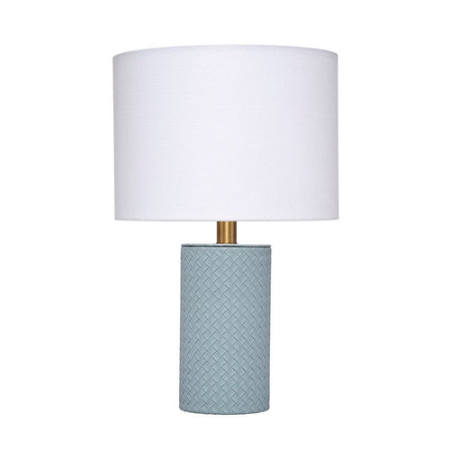 Myn Table Lamp, 18 Inch, White Linen Drum Shade, Blue Leather Base  -BM334557