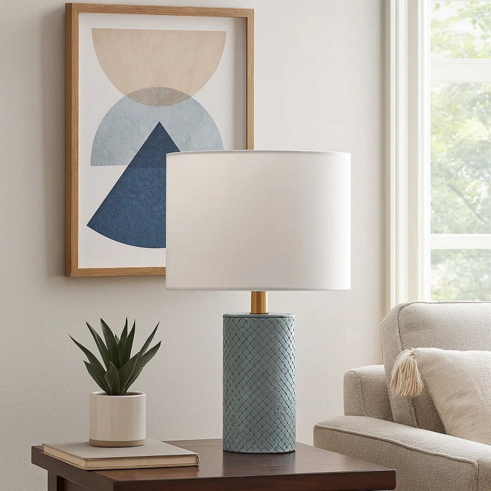Myn Table Lamp, 18 Inch, White Linen Drum Shade, Blue Leather Base  -BM334557