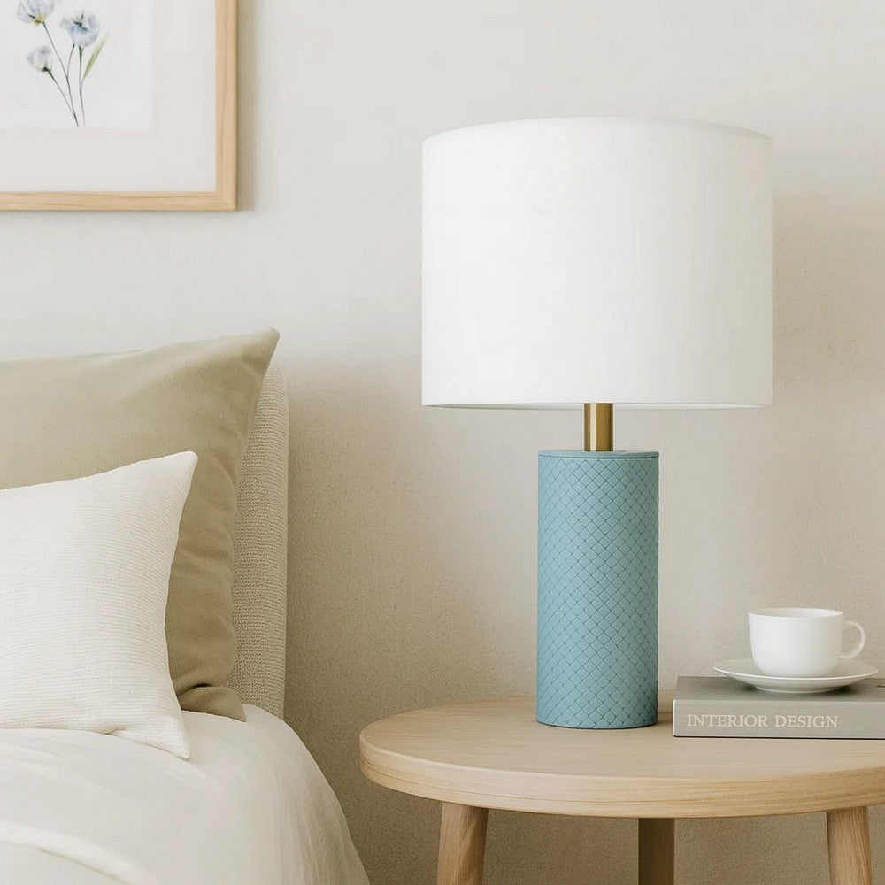 Myn Table Lamp, 18 Inch, White Linen Drum Shade, Blue Leather Base  -BM334557
