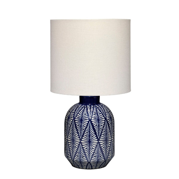 Hyla Accent Table Lamp, 17 Inch, Cream Linen, Blue Geometric Ceramic -BM334559