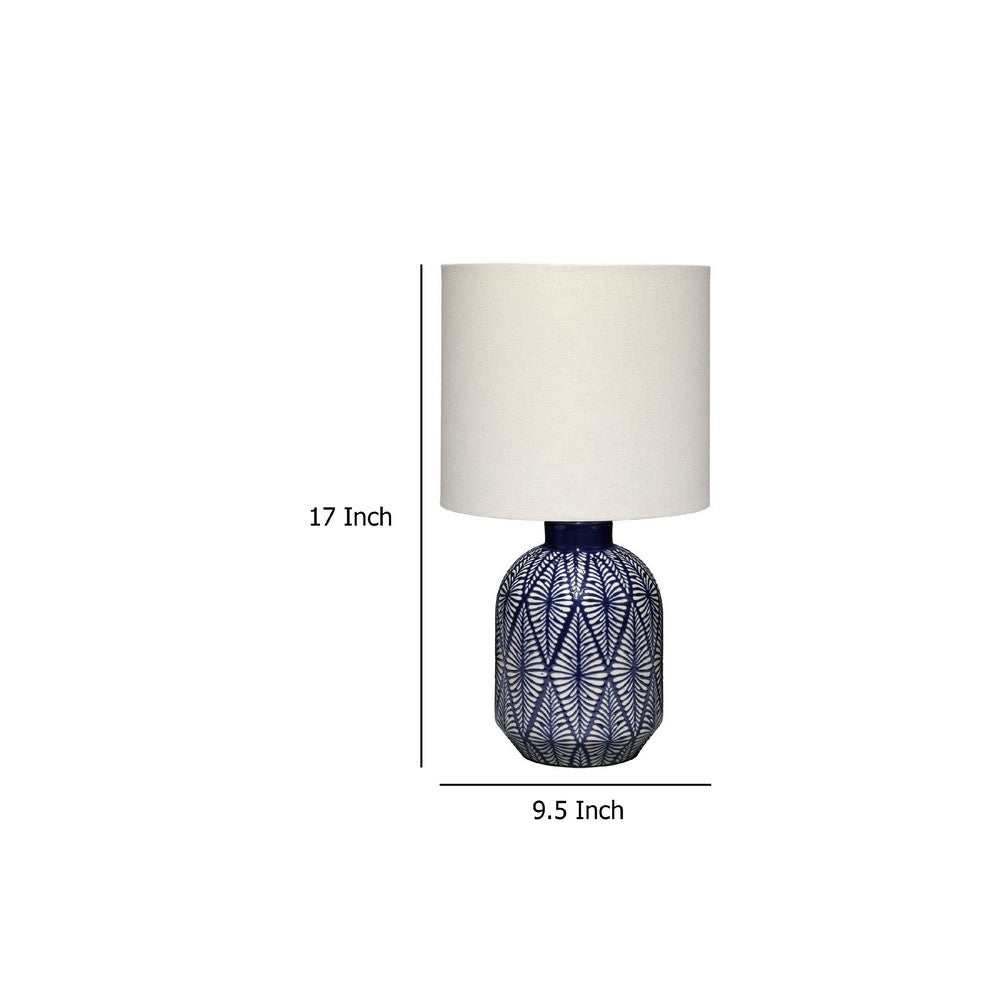 Hyla Accent Table Lamp, 17 Inch, Cream Linen, Blue Geometric Ceramic -BM334559