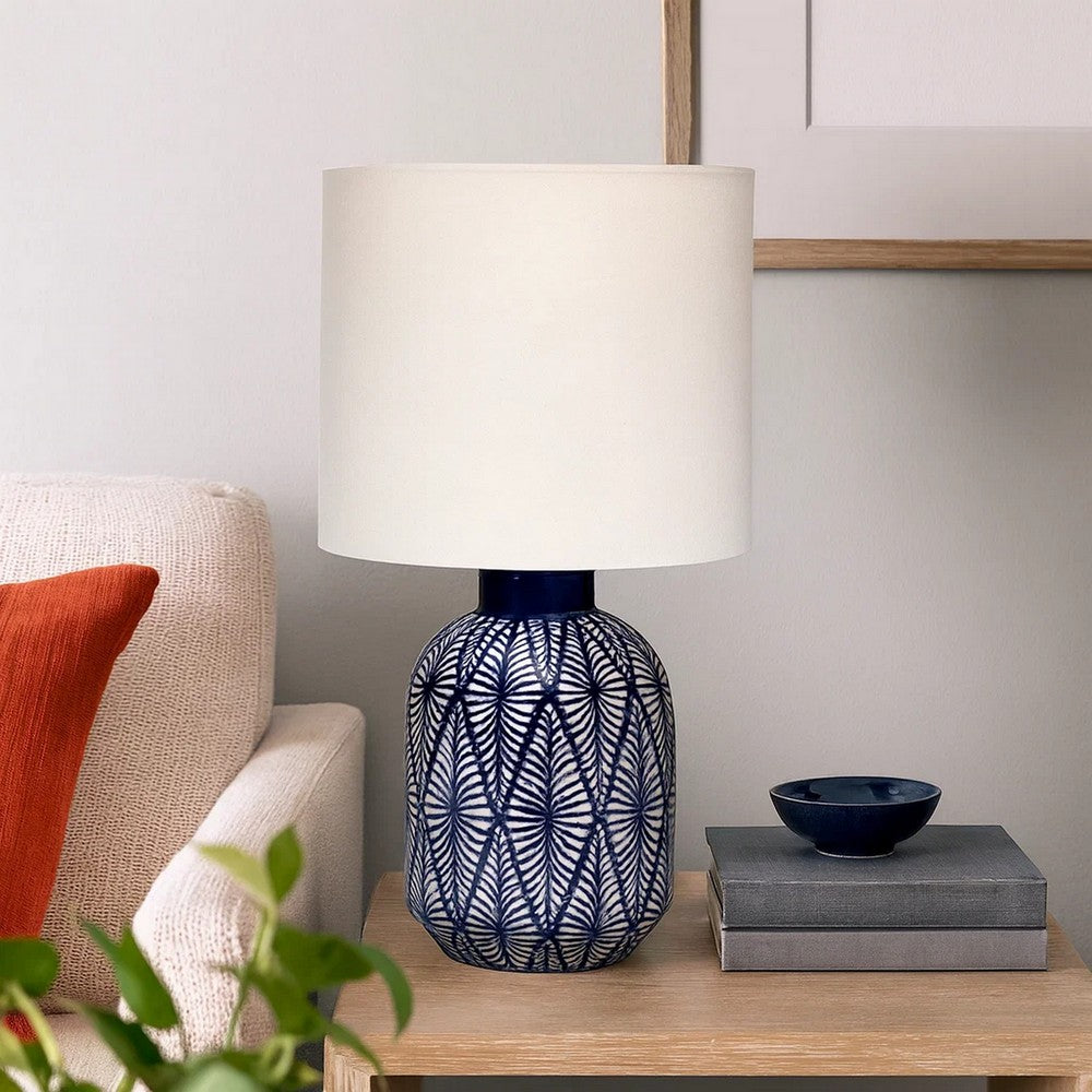 Hyla Accent Table Lamp, 17 Inch, Cream Linen, Blue Geometric Ceramic -BM334559