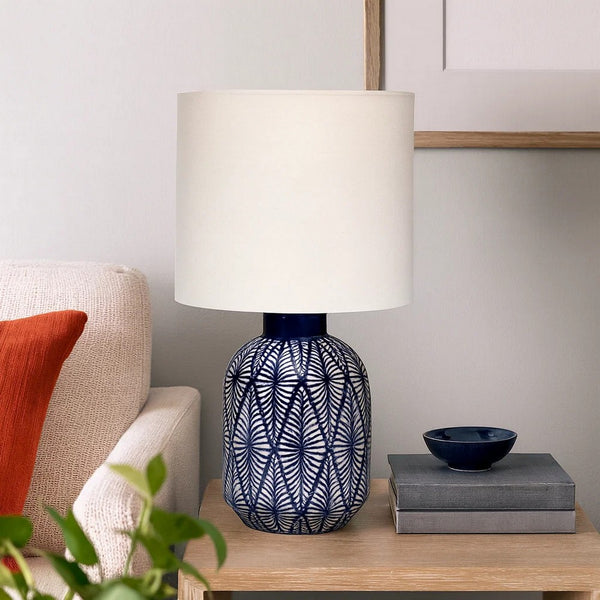 Hyla Accent Table Lamp, 17 Inch, Cream Linen, Blue Geometric Ceramic -BM334559