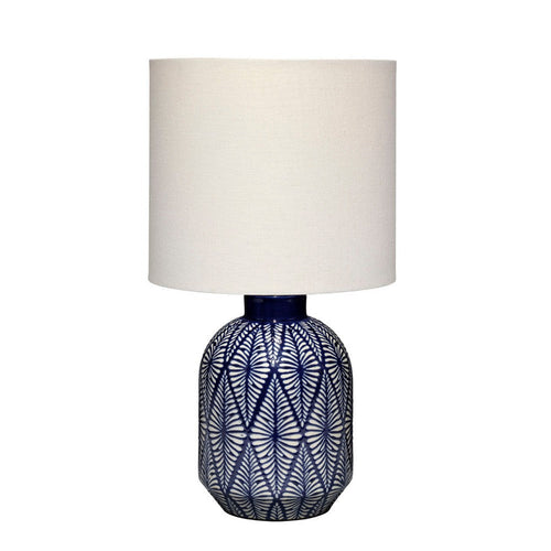 Hyla Accent Table Lamp, 17 Inch, Cream Linen, Blue Geometric Ceramic -BM334559