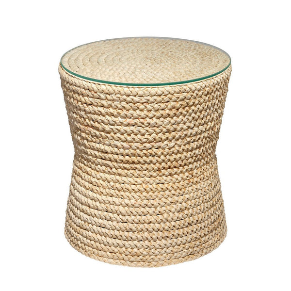 Grix Side Table, 20 Inch Tempered Glass Round Top, Braided Hourglass -BM334560