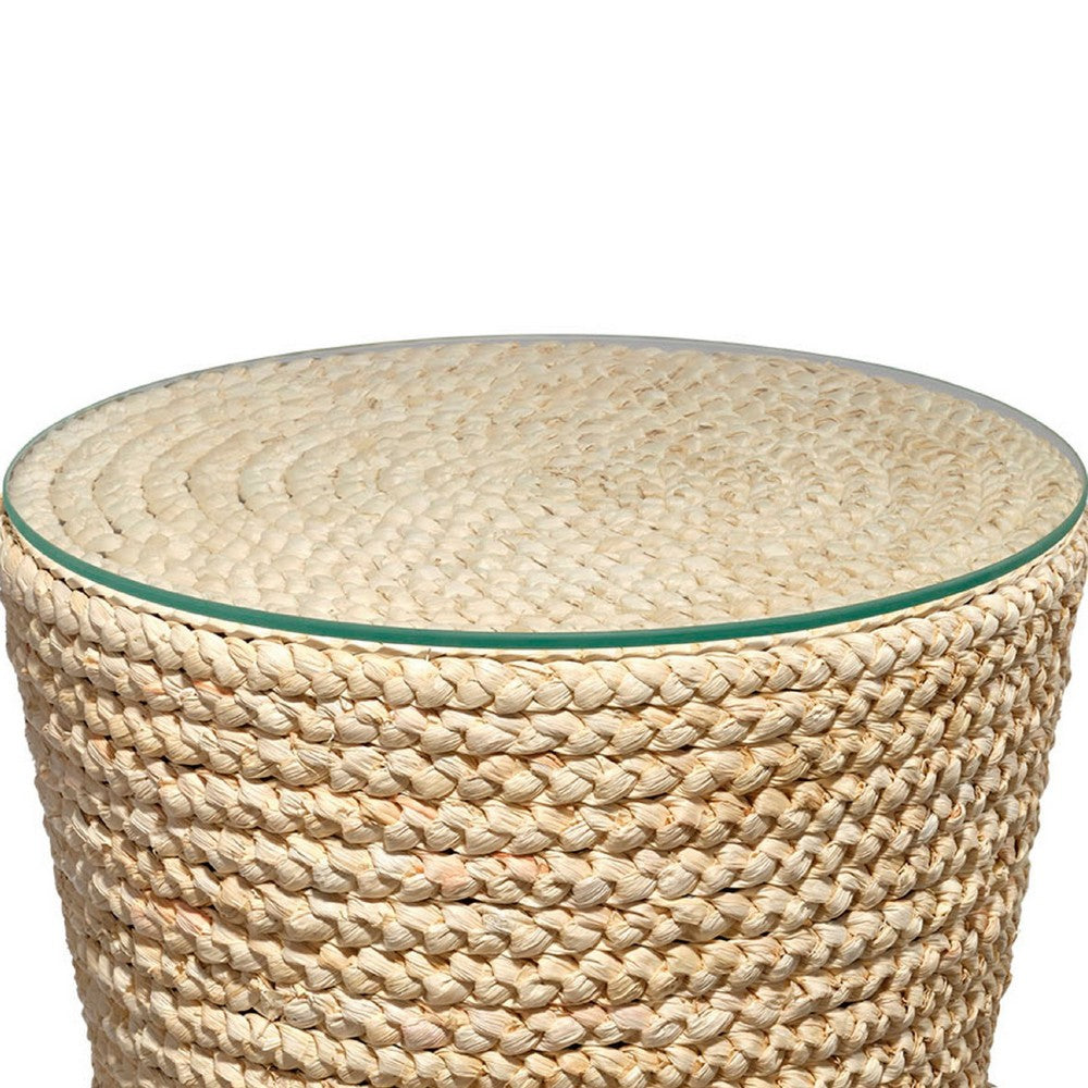 Grix Side Table, 20 Inch Tempered Glass Round Top, Braided Hourglass -BM334560