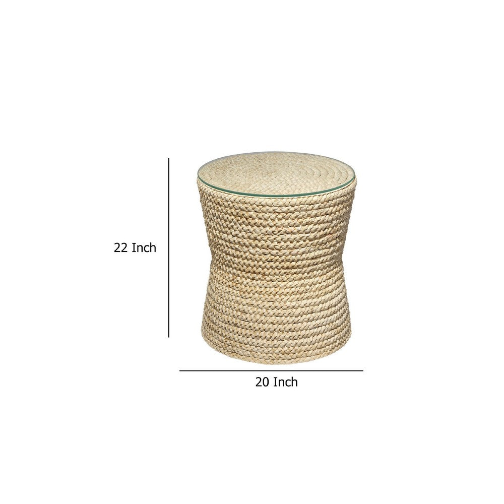 Grix Side Table, 20 Inch Tempered Glass Round Top, Braided Hourglass -BM334560