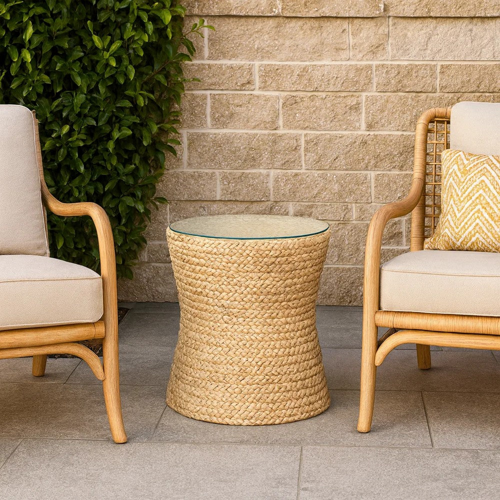 Grix Side Table, 20 Inch Tempered Glass Round Top, Braided Hourglass -BM334560