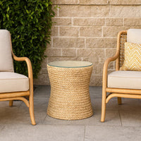 Grix Side Table, 20 Inch Tempered Glass Round Top, Braided Hourglass -BM334560