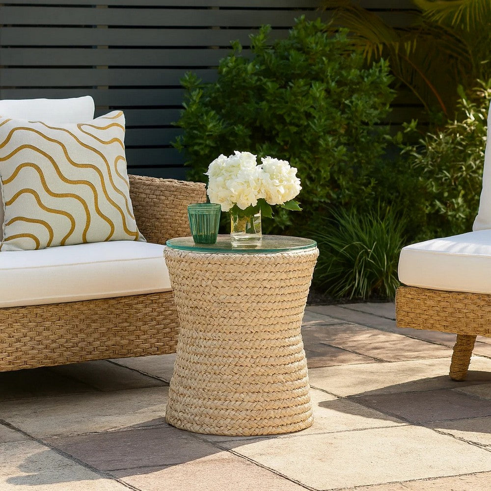 Grix Side Table, 20 Inch Tempered Glass Round Top, Braided Hourglass -BM334560