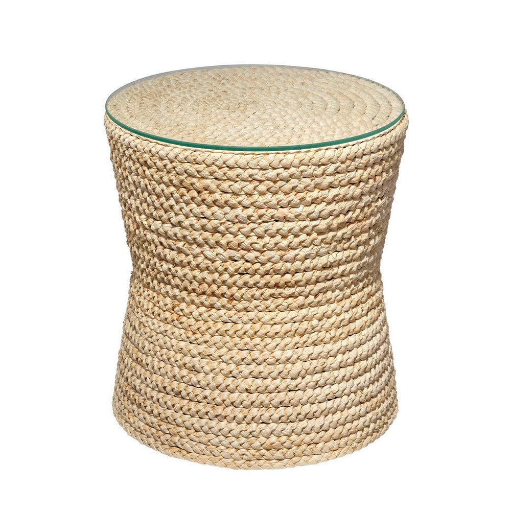 Grix Side Table, 20 Inch Tempered Glass Round Top, Braided Hourglass -BM334560