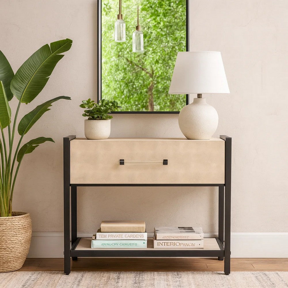 Caz Side Table, 1 Drawer, Black Frame, Faux Shagreen Leather, 26 Inch -BM334563