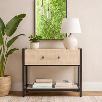 Caz Side Table, 1 Drawer, Black Frame, Faux Shagreen Leather, 26 Inch -BM334563