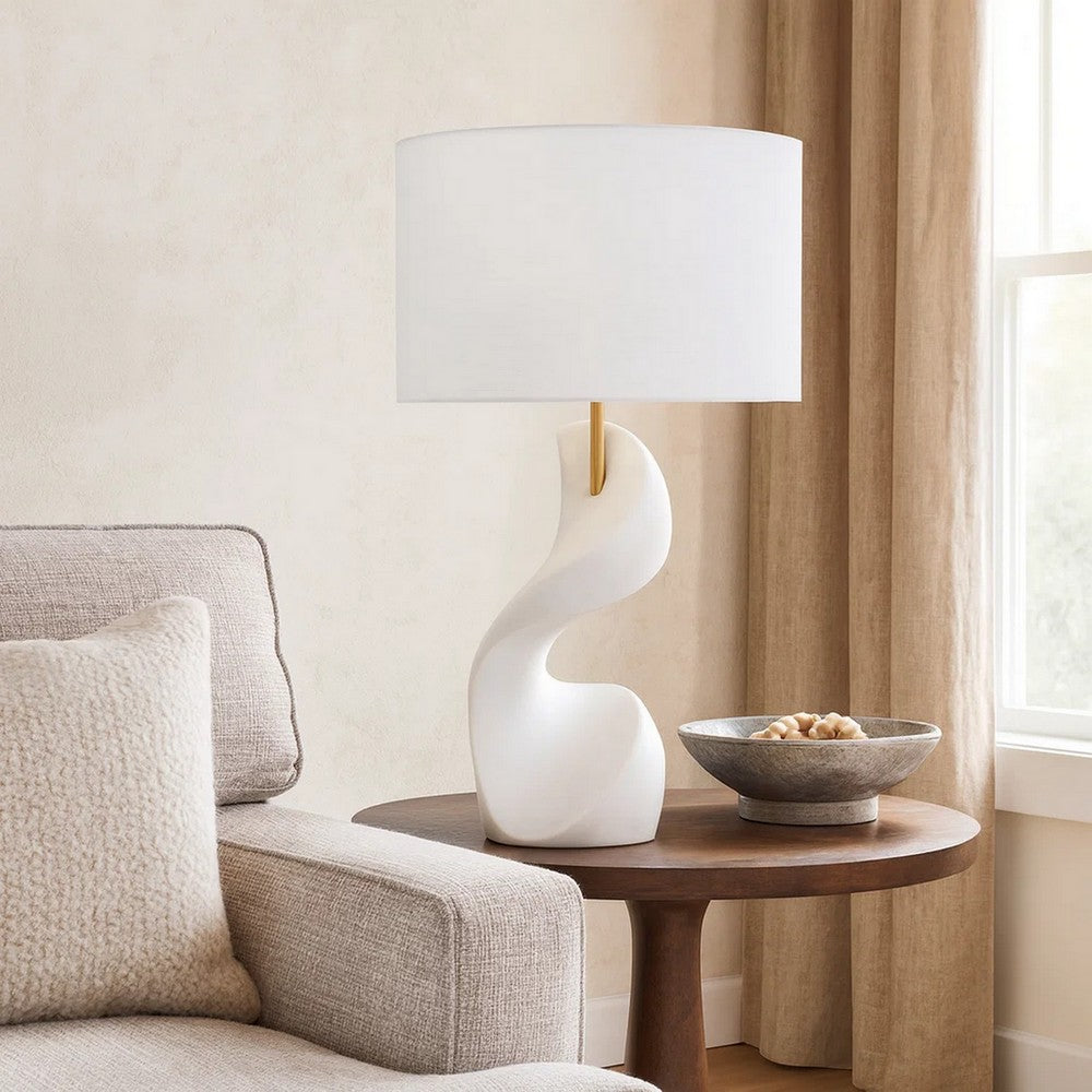 Koz Accent Table Lamp, Linen Shade, White Curved Sculpture 32 Inch -BM334565