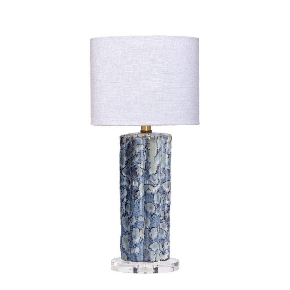 Flix Accent Table Lamp, 23 Inch, White Linen, Blue Scalloped Ceramic -BM334568