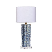 Flix Accent Table Lamp, 23 Inch, White Linen, Blue Scalloped Ceramic -BM334568