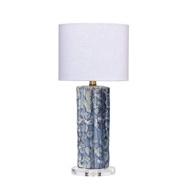 Flix Accent Table Lamp, 23 Inch, White Linen, Blue Scalloped Ceramic -BM334568