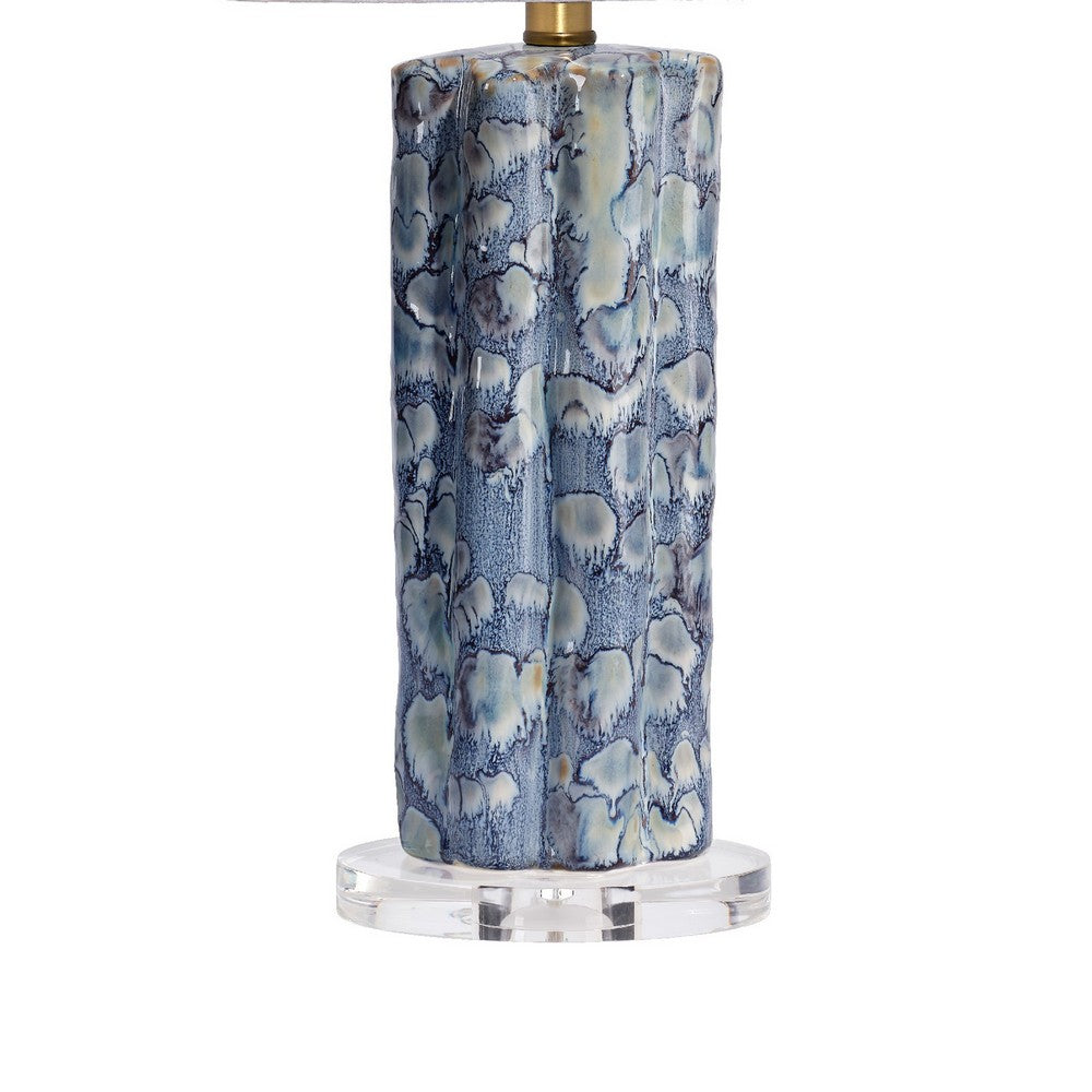 Flix Accent Table Lamp, 23 Inch, White Linen, Blue Scalloped Ceramic -BM334568