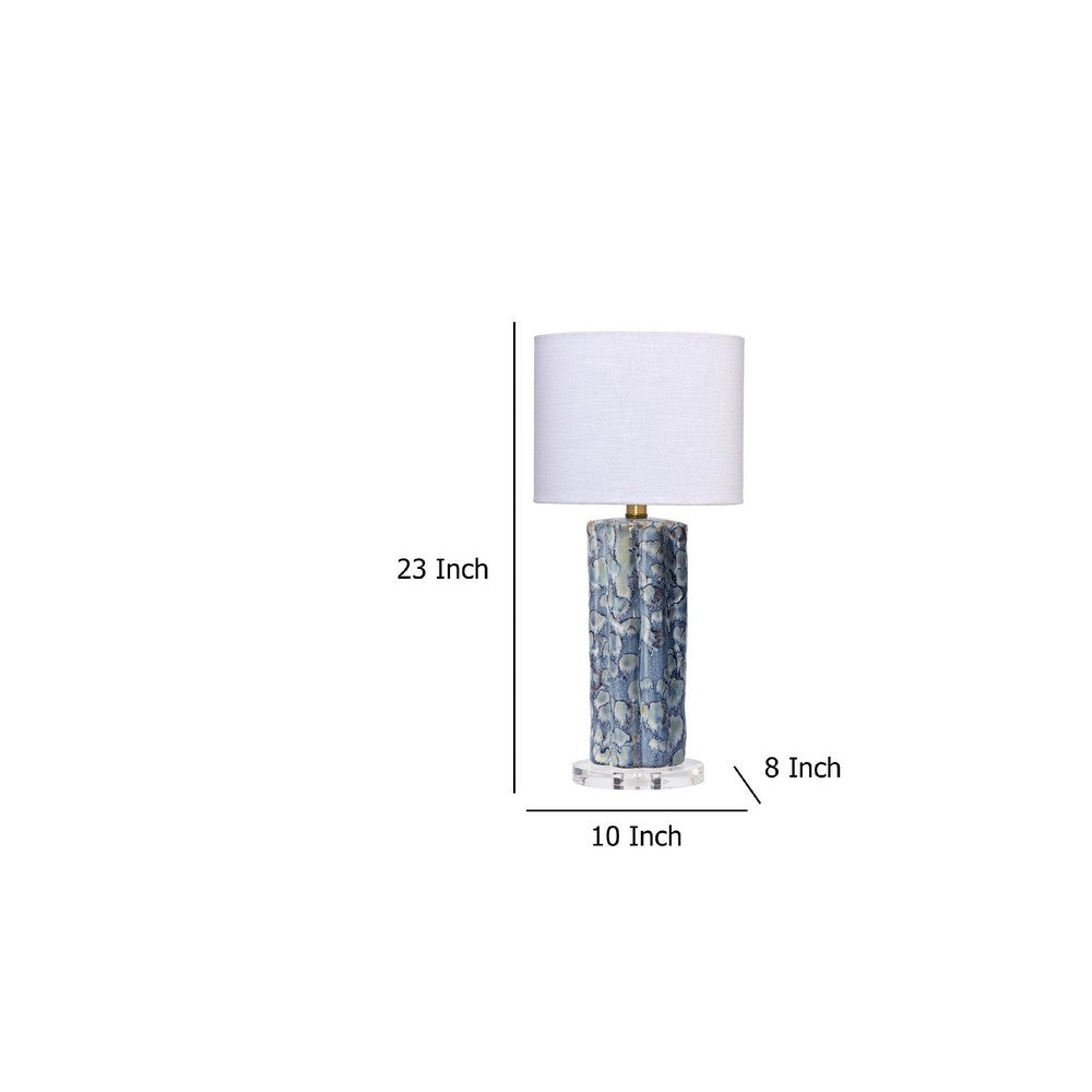 Flix Accent Table Lamp, 23 Inch, White Linen, Blue Scalloped Ceramic -BM334568