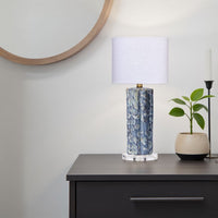 Flix Accent Table Lamp, 23 Inch, White Linen, Blue Scalloped Ceramic -BM334568