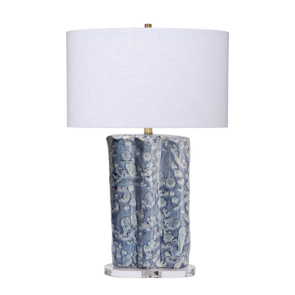 Flix Accent Table Lamp, 28 Inch, White Linen, Blue Scalloped Ceramic -BM334569
