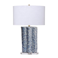Flix Accent Table Lamp, 28 Inch, White Linen, Blue Scalloped Ceramic -BM334569