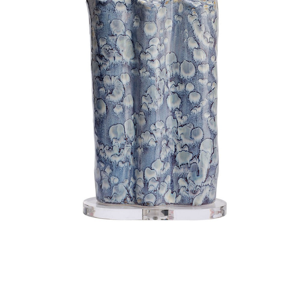 Flix Accent Table Lamp, 28 Inch, White Linen, Blue Scalloped Ceramic -BM334569