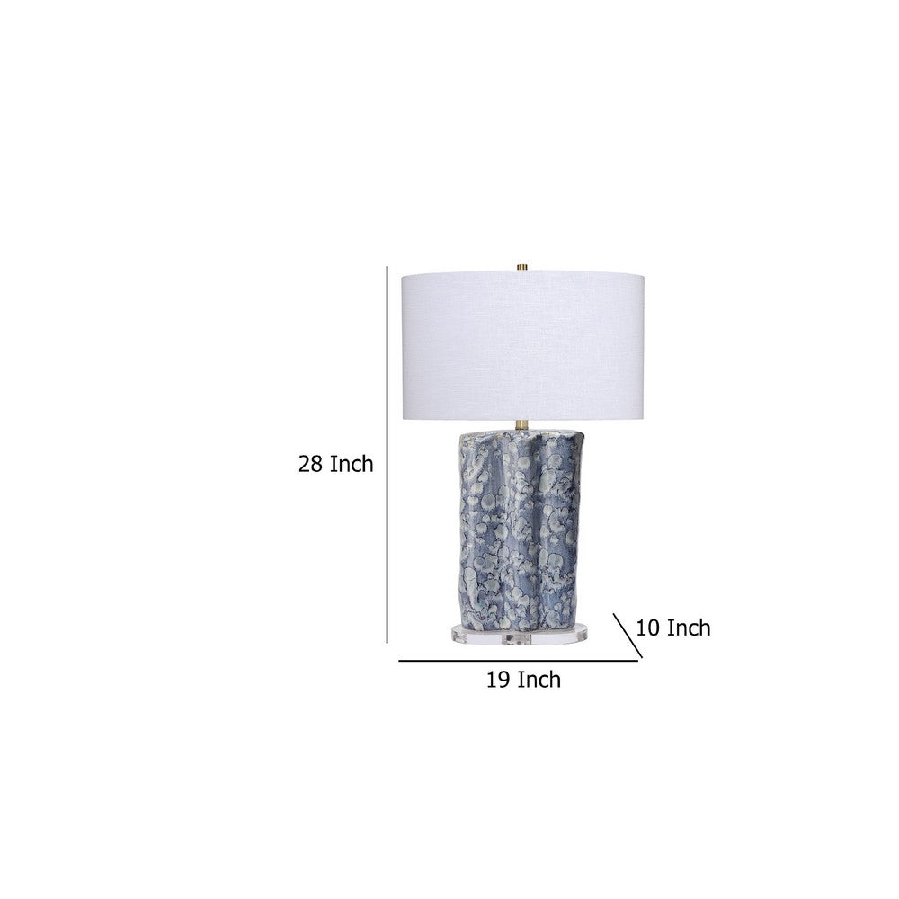 Flix Accent Table Lamp, 28 Inch, White Linen, Blue Scalloped Ceramic -BM334569