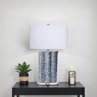 Flix Accent Table Lamp, 28 Inch, White Linen, Blue Scalloped Ceramic -BM334569